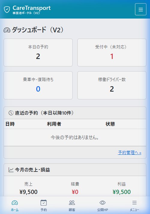 事業者ダッシュボード（スマホ表示）