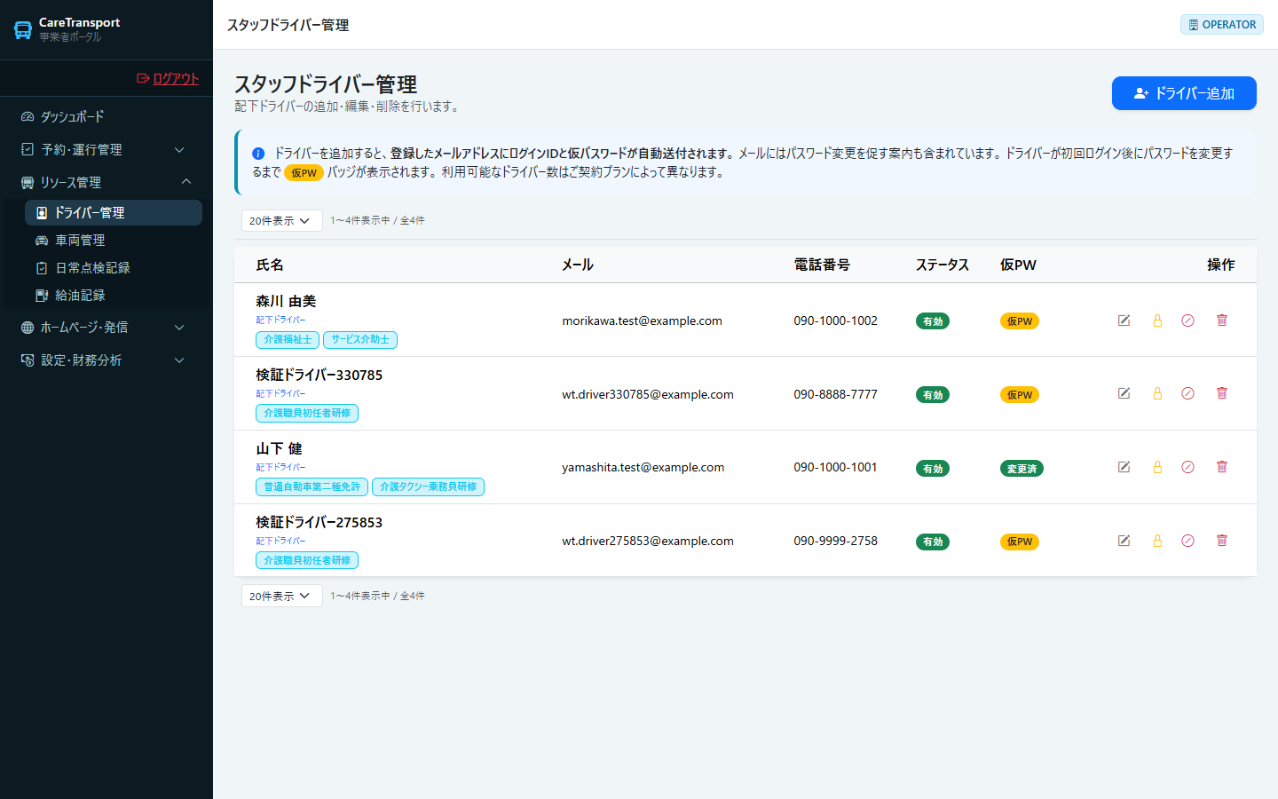 ドライバー管理：一覧画面